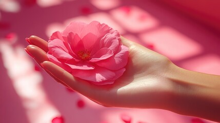 Wall Mural - Hand Holding Pink Flower with Petals in Background