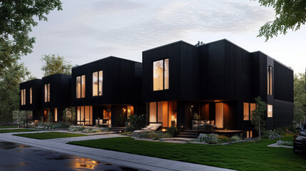 Wall Mural - A large black building with a wooden facade and a balcony