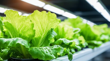 A vertical farm growing leafy greens under artificial lights in an urban industrial setting