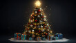 © IAKCreatives - A huge Christmas tree with different bright lights, surrounded by presents and gifts.