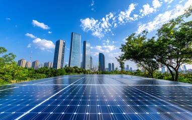 Bright solar panels reflect sunlight with modern skyscrapers in the background against a clear blue sky and greenery.