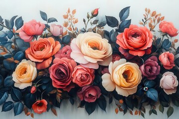 Wall Mural - luxurious floral arrangement a lush bouquet of roses in vibrant hues of pink red and coral artfully composed against a crisp white background petals unfurl in exquisite detail