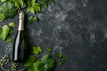 Bottle of champagne is on a table with green leaves. Scene is celebratory and festive