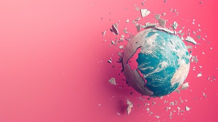 A dynamic 3D rendered image of a shattering Earth globe with debris flying off, set against a pink background. The image symbolizes the destructive impact of environmental neglect and highlights the