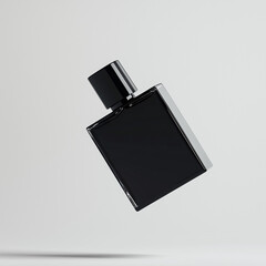 Canvas Print - mock up black perfume bottle flying in the air, isolated on clean white studio background, Ai generated image