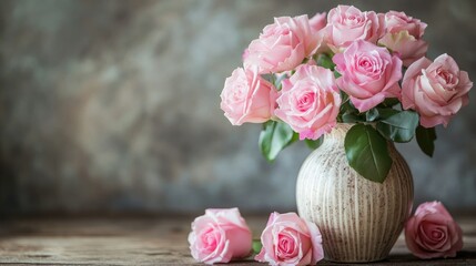 Wall Mural - A close-up of pink roses in a vintage vase, arranged on a wooden table, perfect for a classic, romantic setting.