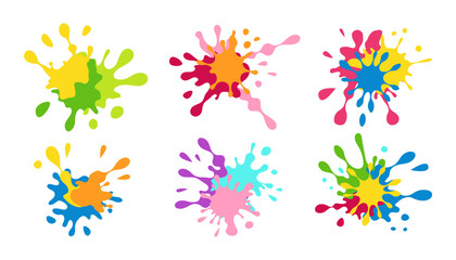 Set of colorful paint ink splashes, rainbow splat design collection. Flat vector illustration