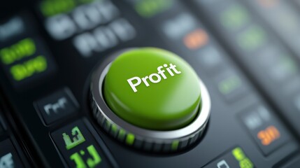 Poster - A close up of a green button on the screen with text saying profit, AI