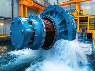 A powerful water turbine in action, showcasing the flow of water and precision engineering in a hydroelectric power plant.