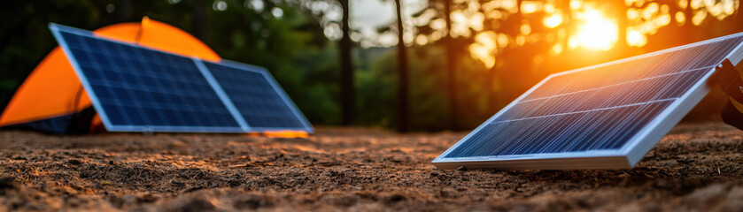 A solar panel setup near a camping tent at sunset, showcasing renewable energy and outdoor adventure.