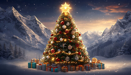 A huge Christmas tree with different bright lights, surrounded by presents and gifts.