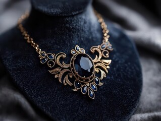 Statement necklace with a large sapphire centerpiece, surrounded by intricate gold detailing, displayed on a velvet surface, Jewelry, Luxury piece