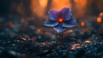 A single purple flower with glowing center stands resiliently in a burnt forest, a symbol of hope and rebirth.