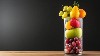 Poster - A glass vase filled with assorted fruits on a table, AI