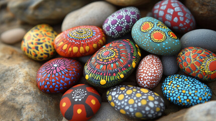 A collection of brightly painted stones with intricate patterns, resting among natural pebbles on a natural background