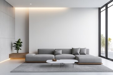 Wall Mural - Contemporary Loft Living Room with Gray Sectional, White Coffee Table, and Textured Rug