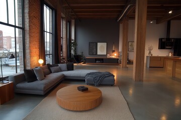 Wall Mural - Modern Loft Living Room with Gray Sofa and Polished Concrete Floors