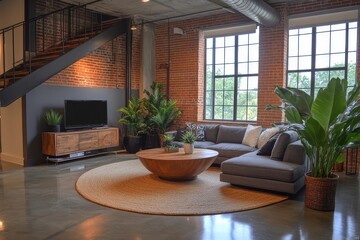 Wall Mural - Modern Loft Living Room with Concrete Floors and Stylish Furnishings