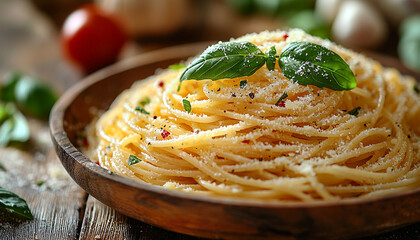 Wall Mural - Fresh pasta cooked on rustic wood table indoors generated by AI