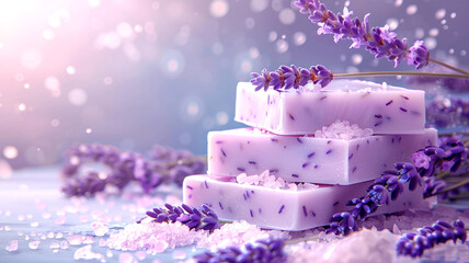 Wall Mural - Delicate lavender soap handcrafted with care in a tranquil setting at sunset