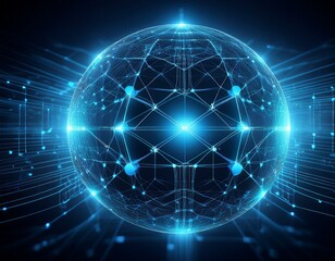 Poster - a glowing blue sphere with intricate network lines, representing digital connection and global commu