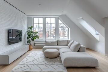 Wall Mural - Modern Loft Living Room with Exposed Ductwork, Light Gray Sofa, Geometric Rug, and Minimalist Media Console