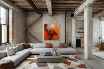 Wall Mural - Modern Loft Living Room with Exposed Ductwork and Stylish Decor