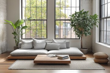 Wall Mural - Serene Minimalist Loft Living Room with Large Windows and Stylish Decor