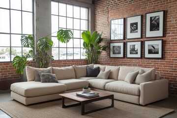 Wall Mural - Stylish Modern Loft Living Room with Exposed Brick Wall and Chic Decor