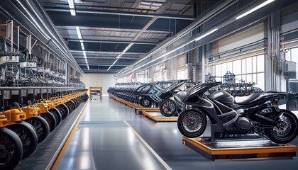 A motorcycle manufacturing plant with assembly lines