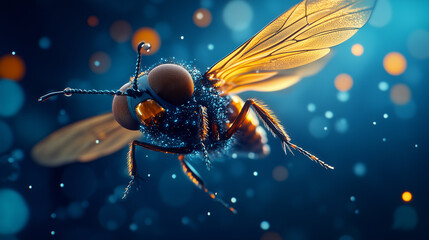 Close-up of a Flying Insect with Bokeh Lights