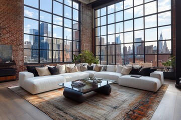 Wall Mural - Modern Loft Living Room with White Sectional, Glass Coffee Table, and Neutral Toned Decor