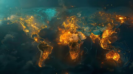 Wall Mural - a stylized, glowing, golden outline of the earth's continents with a deep blue background.