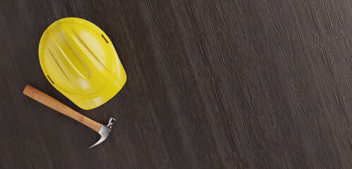 Overhead of Yellow Hard Hat and Hammer on a Wood Surface with Room For Text.