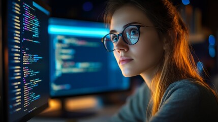 Female programmer working on coding software at night in front of screens. Represents programming and software development.