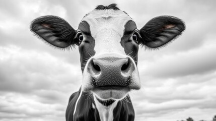 Canvas Print - A black and white photo of a cow looking straight at the camera, AI