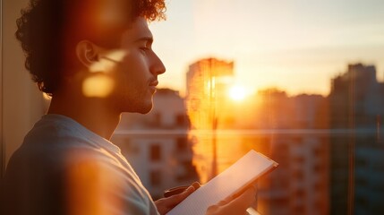 Wall Mural - Contemplative Sunset Journaling: Middle Eastern man connecting with emotions on a quiet balcony double exposure