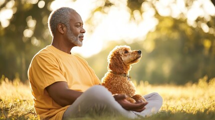 Poster - Serene Pet Therapy: Elderly Black Man and Service Dog Bonding in Sunlit Park, Embracing Wellness Through Mindfulness Practice