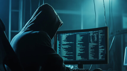 Hacker is programming on a computer in a dark room