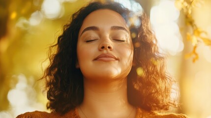 Wall Mural - Inner Peace: Plus-Size Latina Woman Meditating in Nature, Embracing Body Positivity and Mindfulness in Ethereal Forest Clearing (Close-Up, Double Exposure)