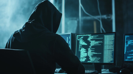Hacker in hoodie working on computer in dark room