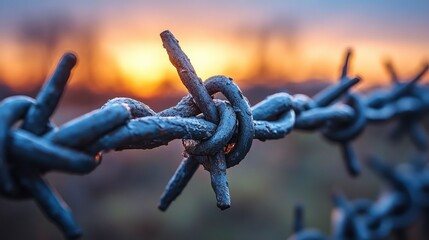 Barbed Wire Fence Close-Up at Sunset