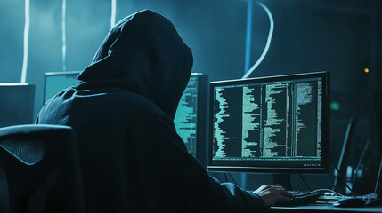 Hacker in hoodie working on computers in a dark room