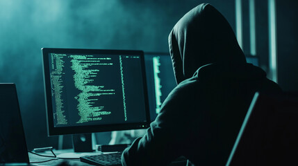 Hacker is programming on a computer in a dark room