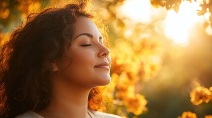 Wall Mural - Tranquil Plus-Size Latina Woman Engaging in Garden Therapy: A Symbol of Mindfulness and Self-Care among Blooming Nature (Whimsical Silhouette)