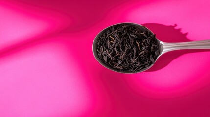 Wall Mural - A spoon full of black tea on a pink background, AI