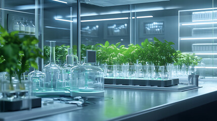 biotechnology lab with plant research in glass chambers