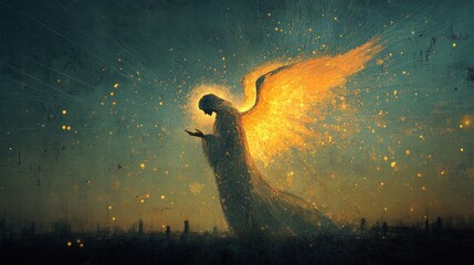 Digital illustration of an angel in the night.