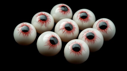 Canvas Print - A group of fake eyeballs with red and black eyes, AI