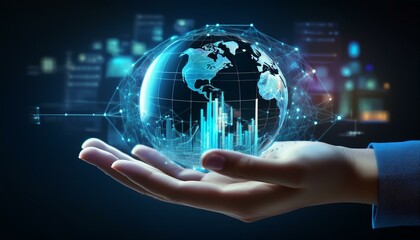 Wall Mural - hand presenting a holographic globe with economic growth charts symbolizing global business trends a